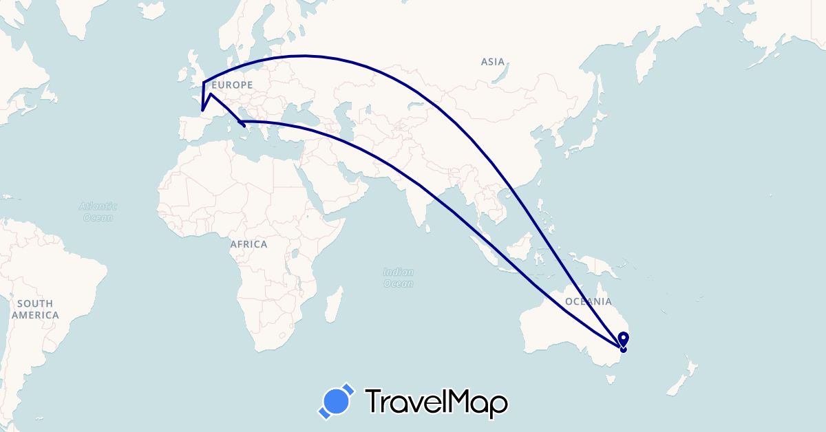 TravelMap itinerary: driving in Australia, France, United Kingdom, Italy, Singapore (Asia, Europe, Oceania)